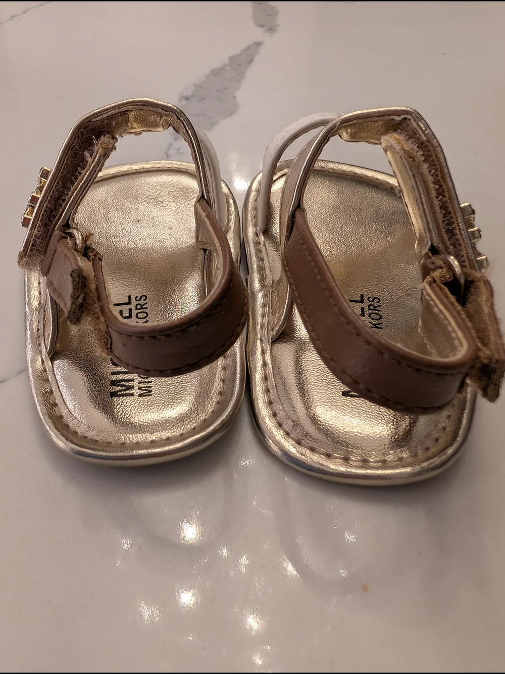 Michael Kors Metallic Gold & White Sandals with Brown Strap Baby Size 2 - Picture 5 of 11